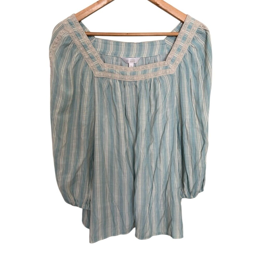 LC Boho Stripe Crochet-Trim Peasant Long Sleeve Top Blue Teal XL Prairie Cottage